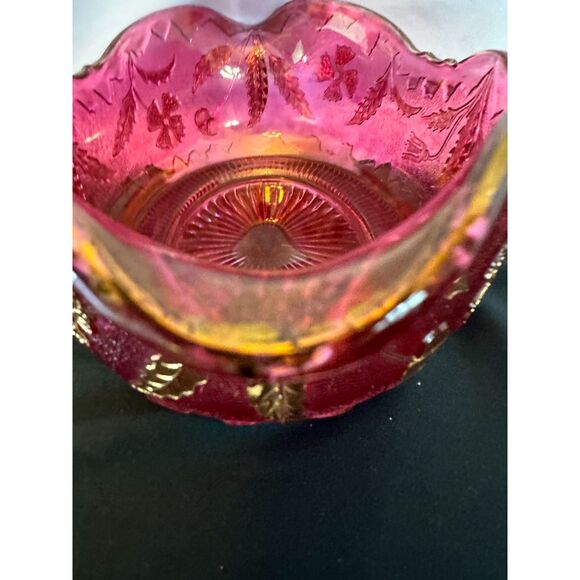 VINTAGE Delaware US GLASS Pink Rose Stain Fruit BANANA Bowl Gold Accent ANTIQUE - Picture 2 of 16
